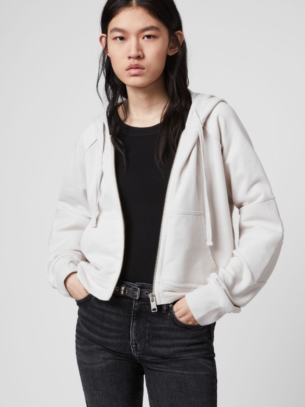 All Saints Jessi Biker Hoodie: Cream Zip-Front cropped distressed cotton jacket